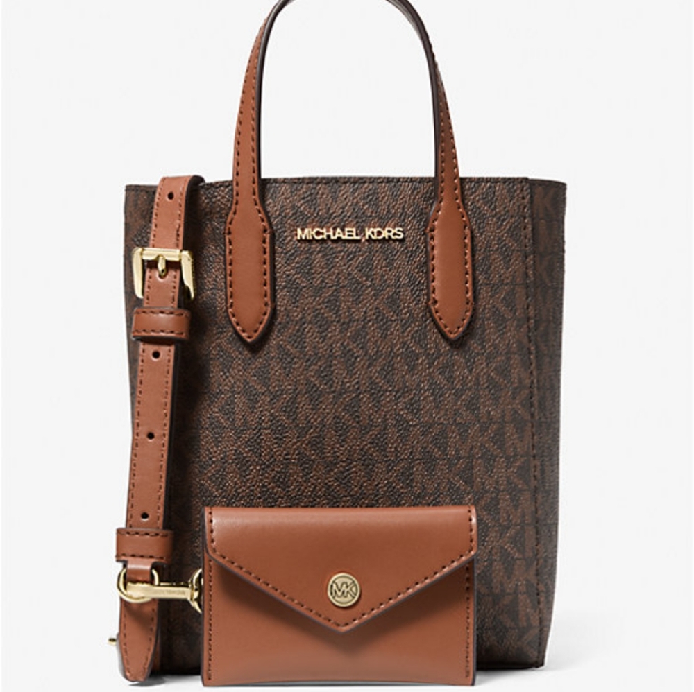 Michael Kors Brown Mini Bag with Monogram Print and Tan Leather Trim